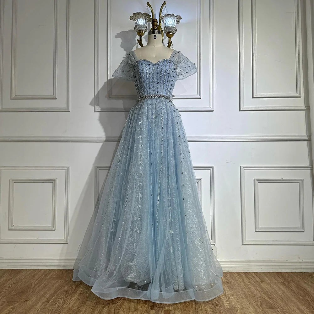 Special Discount Serene Hill 2025 Customized Arabic Blue A-Line Beaded Backless Evening Dresses Gowns for Formal Occasion LA72834