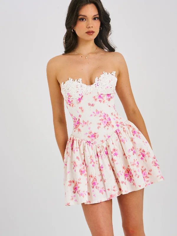 Discount Deals Samara Floral Drop Waist Linen Corset Puffy Mini Dress