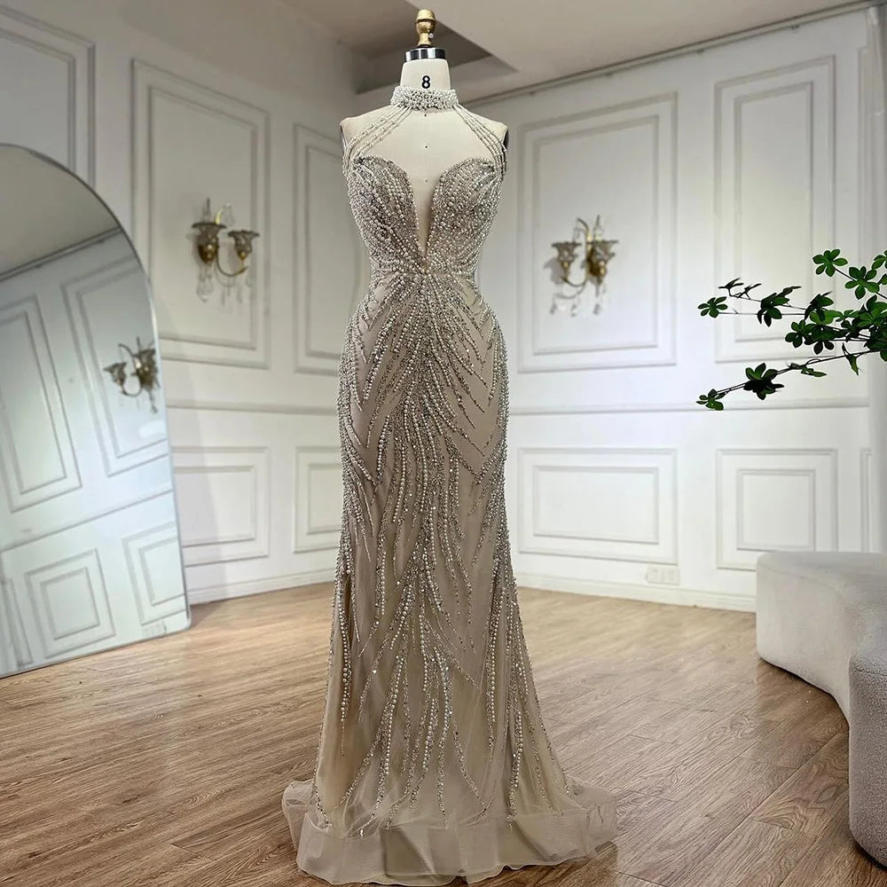 Daily Deals Serene Hill 2024 Arabic Nude Halter Neck Mermaid Pearls Beaded Luxury Dubai Evening Gown for Women's Party LA72696