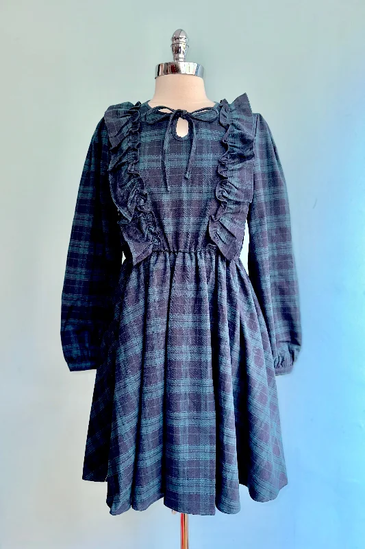 Price Cut Navy Plaid Ruffle Mini Dress by Molly Bracken