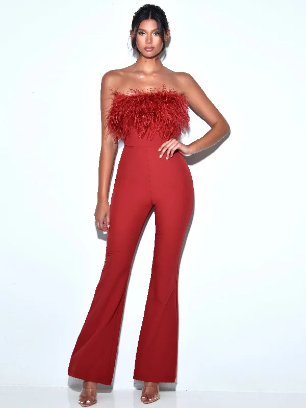 Amazing Deals Kylan Burgundy Feather Jumpsuit