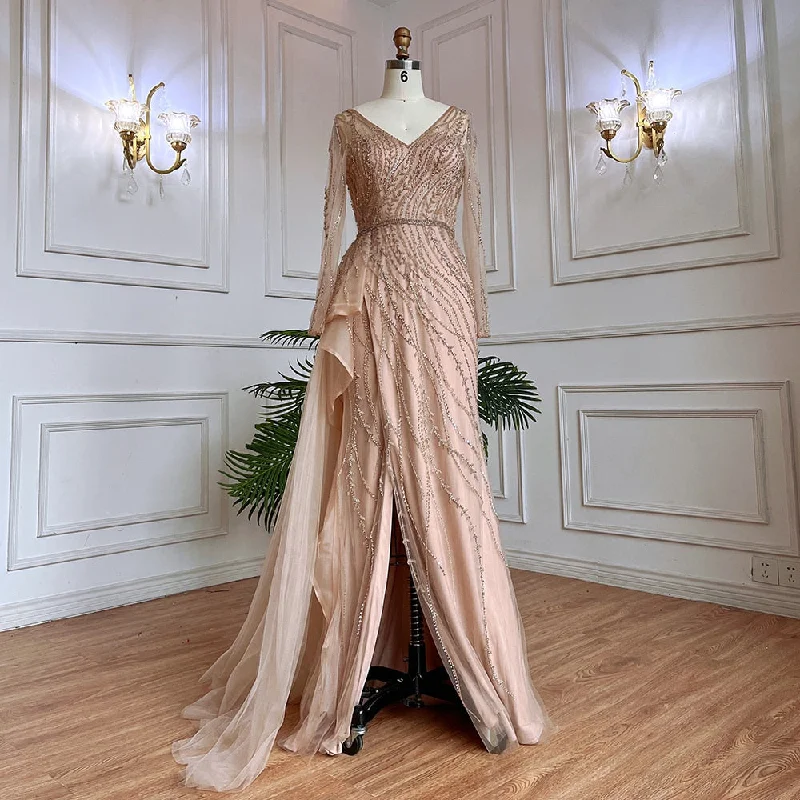 Clearance Sale Serene Hill Nude Mermaid Sexy High Split With Skirt Beaded Long Evening Dresses Gowns For Women Wedding Party 2024 LA71944