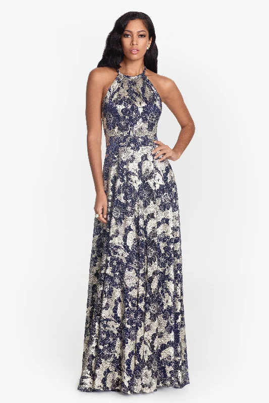 Exclusive Access Petite "Layla" Long Halter Top Wrap Foil Print Dress