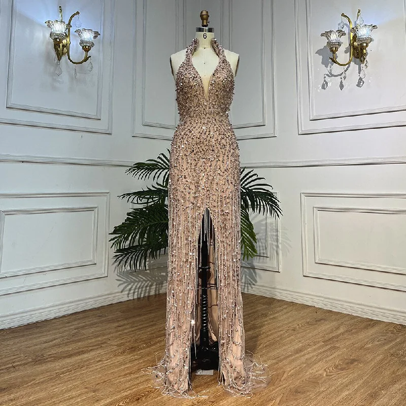 Sale Event Serene Hill Nude Mermaid Sexy Halter High Split Beads Arabic Evening Dresses  Gowns For Women Wedding Party 2024 LA72024