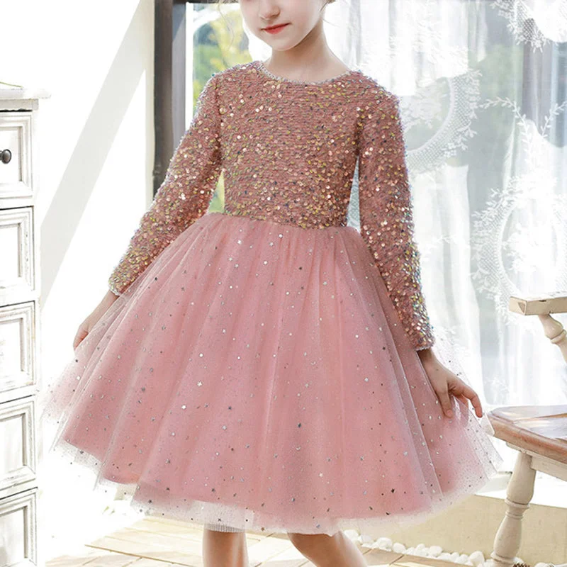 Limited Availability Girls Pageant Princess Dresses Baby Girl Long Sleeve Sequin Bow Party Dresses