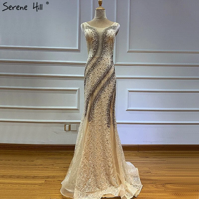 Act Now On Sale No Return No Refund Sale Gold O-Neck Luxury Dubai Design Evening Dresses 2024 Lace Pearls Crystal Mermaid Formal Dress Serene Hill LA60897