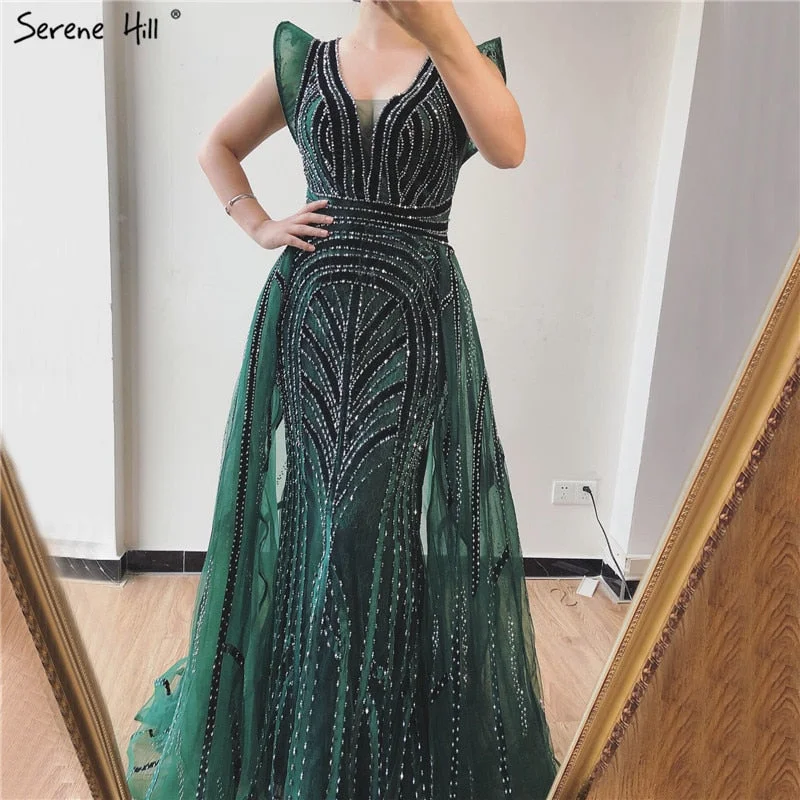 Early Access Dubai Navy Blue Deep-V Sexy Evening Dresses 2024 Sleeveless Crystal Luxury Mermaid Evening Gowns Design Serene Hill LA70198