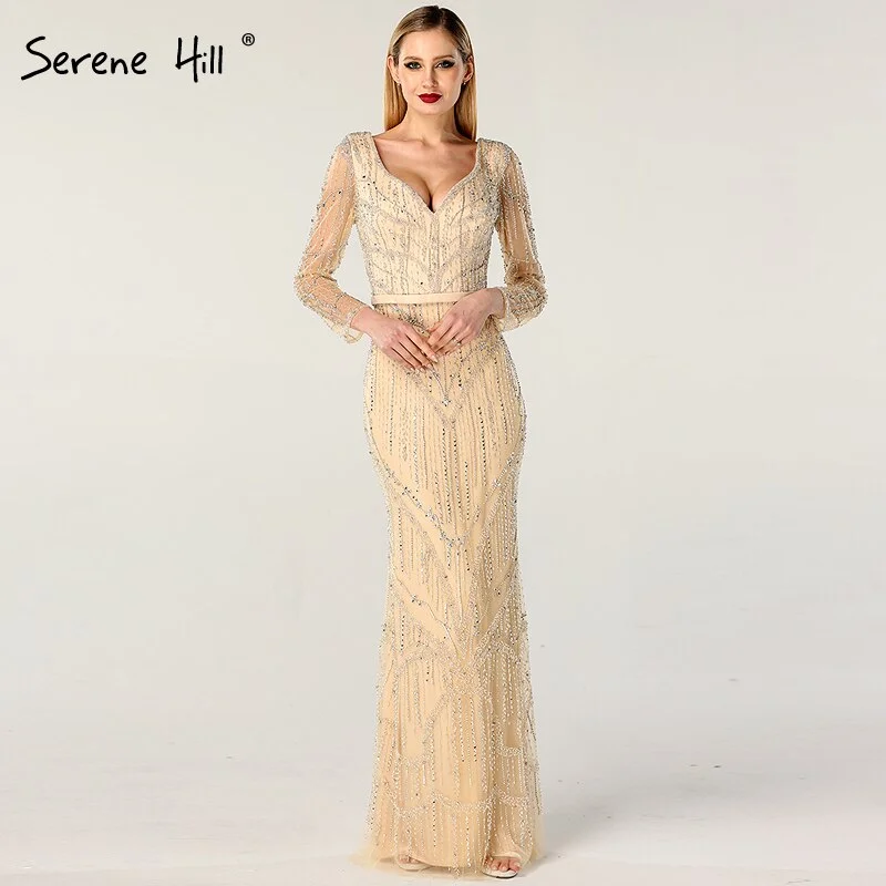 Blowout Sale On Sale no return no refundSale Gold V-Neck Dubai Design Sexy Evening Dresses Luxury Long Sleeves Beading Crystal Evening Gowns 2024 Serene Hill LA60831