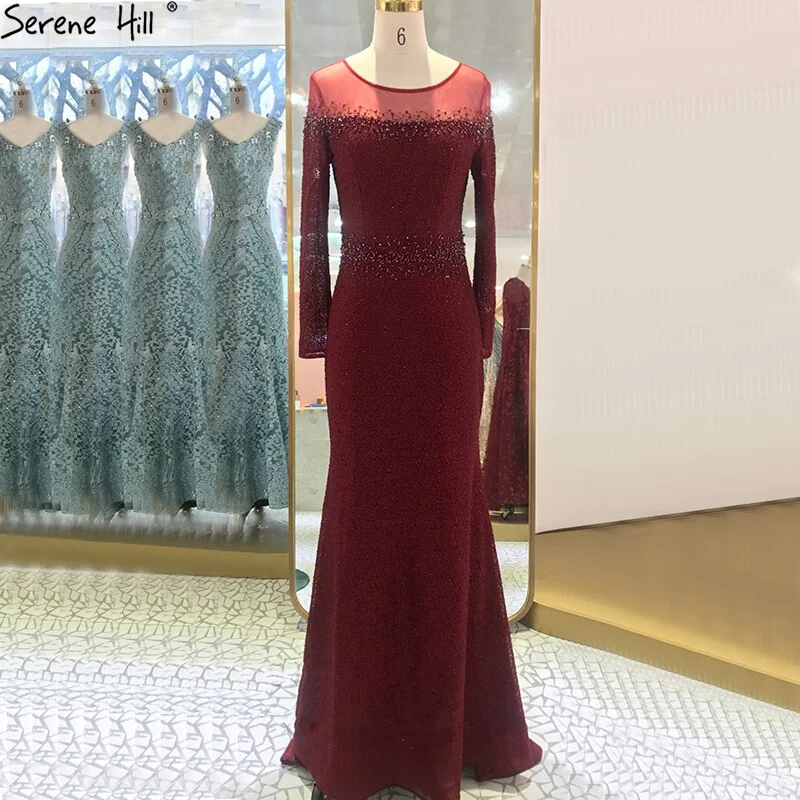 Discount Mania Serene Hill Mermaid Wine Red O-Neck Evening Gowns 2024 Lone Sleeves Beading Luxury Formal Dress Design LA70730