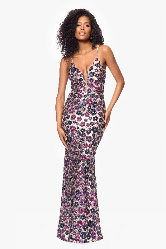 Weekend Deal "Rava" Sequin V-Neck Illusion Mesh Insert Floor Length Dress