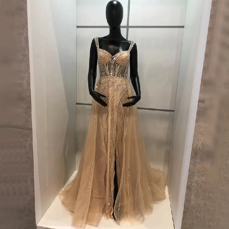 Weekend Deal Serene Hill Gold Luxury High Split Evening Dresses Gowns 2024 Beaded Meramid Elegant For Women Party LA71373