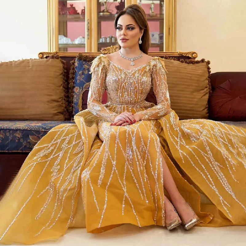 Price Reduction Serene Hill Muslim Gold Mermaid  With Overskirt Beaded Luxury Dubai Evening Dresses Gowns 2024 For Women Wedding Party LA72211