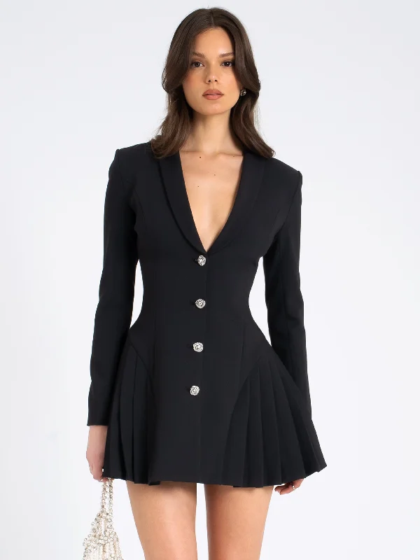 Big Discounts Ria Black Blazer Mini Dress with Crystal Button and Pleated Detail