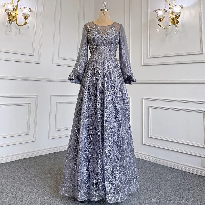 Factory Direct Sale Serene Hill Blue Muslim A-Line O-Neck Evening Dresses Gowns Luxury Crystal Beaded 2024 For Women Wedding Party LA71700