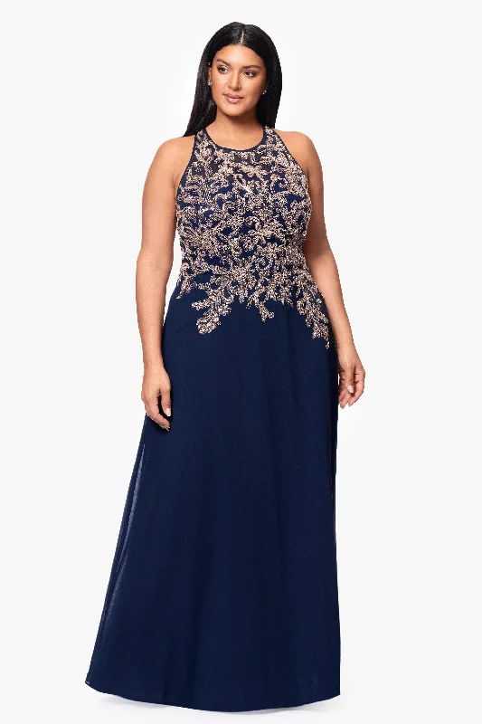Price Buster Plus "Katie" Long Chiffon Beaded Halter Dress