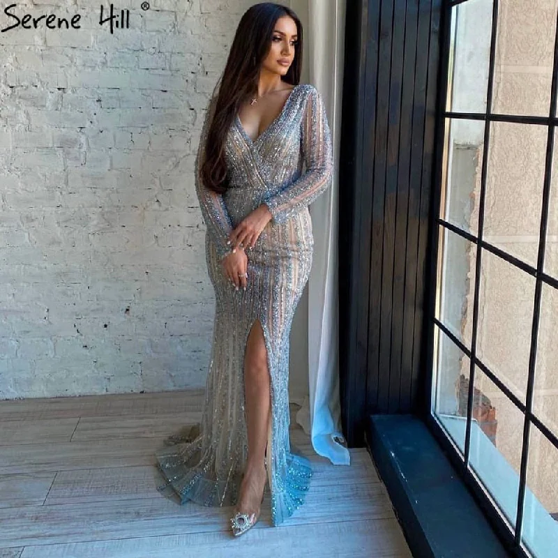 Shop and Save Serene Hill Silver Blue Mermaid Split Evening Dresses Gowns 2024 Beaded Elegant Luxury For Women Party LA71392