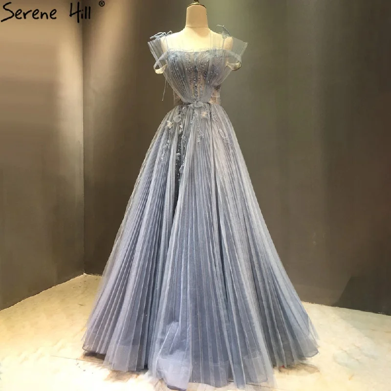 Mega Sale Serene Hill A-Line Blue Tulle Evening Dresses Gowns 2024 Beading Flowers Sexy For Women Party LA71149
