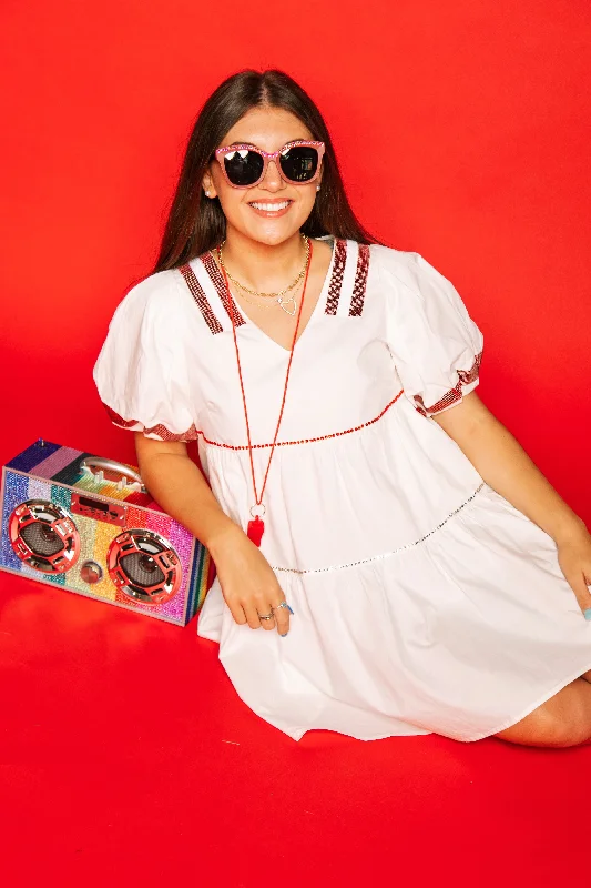 Don't Wait White & Crimson Poof Sleeve QOS Jersey Dress