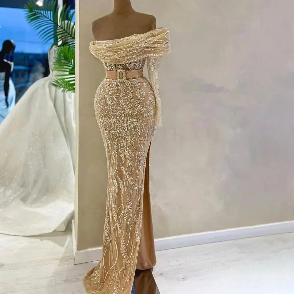 Hurry In Serene Hill Arabic Nude Mermaid One Shoulder Beaded Luxury Dubai Evening Dresses Gowns For Women Wedding Party 2024 LA72161