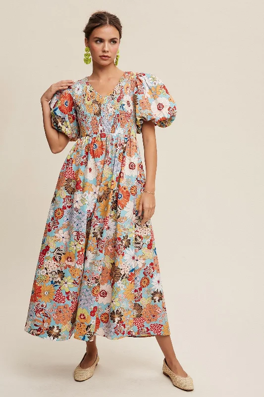 Deal Explosion Light Blue and Orange Floral Puff Sleeve Midi Dress