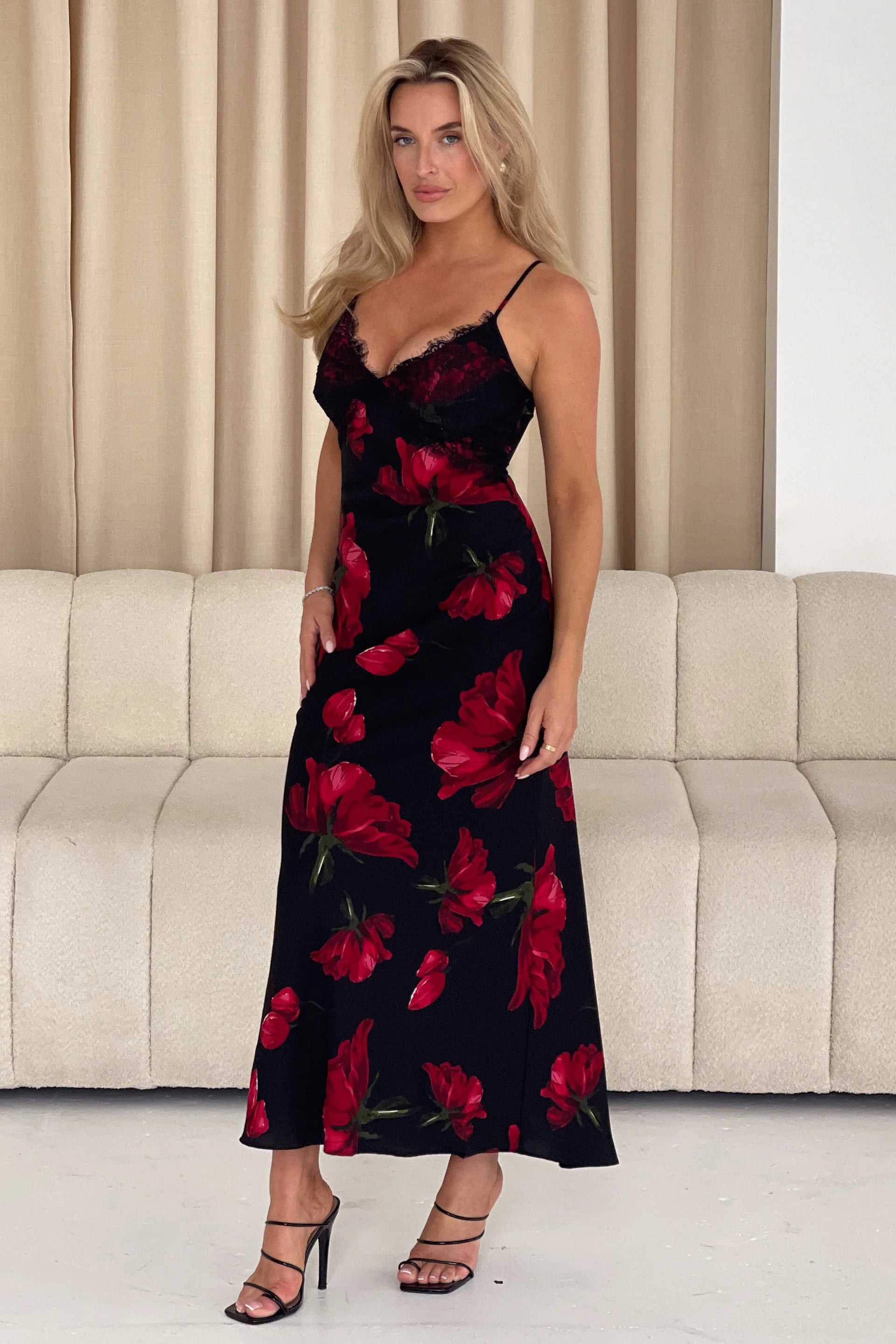 Exclusive Savings Girl In Mind Anne Red Floral Slip Dress With Black Lace