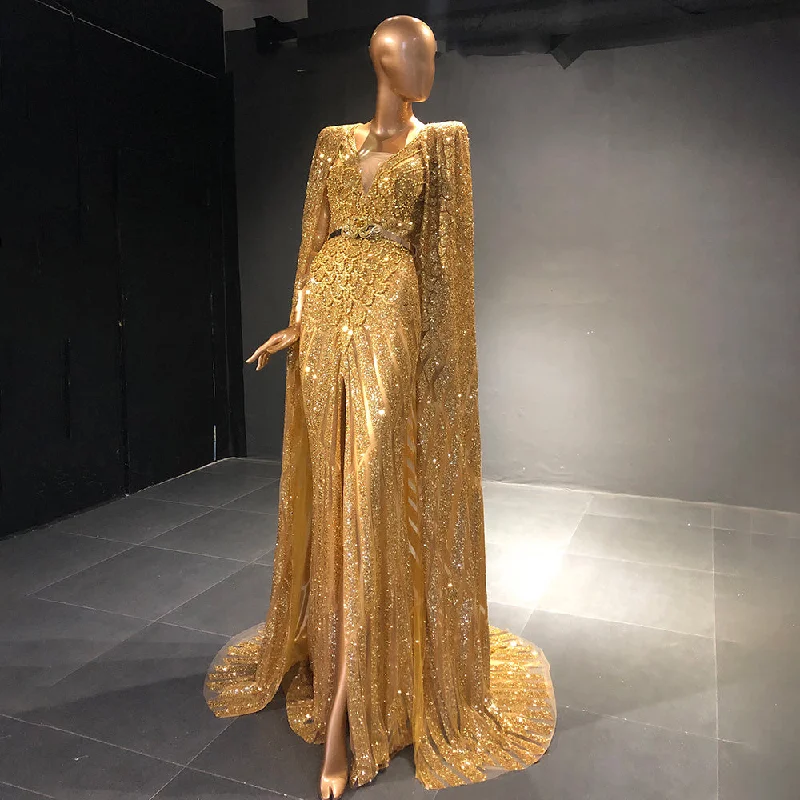 Shop and Save Serene Hill Gold  A-Line Cape Sleeve Evening Dresses Gowns 2024 Beaded Elegant Luxury For Women Party LA71670