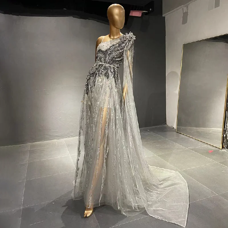 Lowest Prices Grey Luxury Beaded A-Line Evening Dresses Gowns 2024 One Shoulder Cape Sleeve For Women Party Serene Hill LA71626 Lowest Prices Grey Luxury Beaded A-Line Evening Dresses Gowns 2024 One Shoulder Cape Sleeve For Women Party Serene Hill LA71626