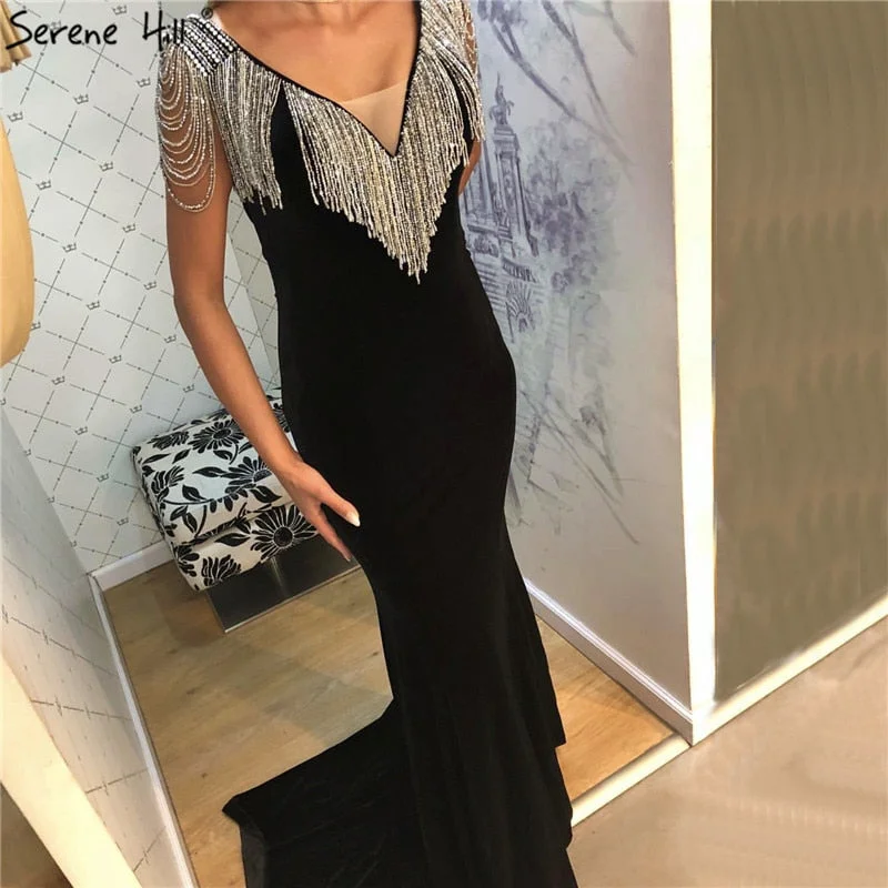 Time-Limited Offer On Sale no return no refundSale Navy Blue Beading Tassel Velour Evening Dresses 2024 Dubai Deep-V Sleeveless Sexy Evening Gowns Serene Hill LA6351 Time-Limited Offer On Sale no return no refundSale Navy Blue Beading Tassel Velour Evening Dresses 2024 Dubai Deep-V Sleeveless Sexy Evening Gowns Serene Hill LA6351