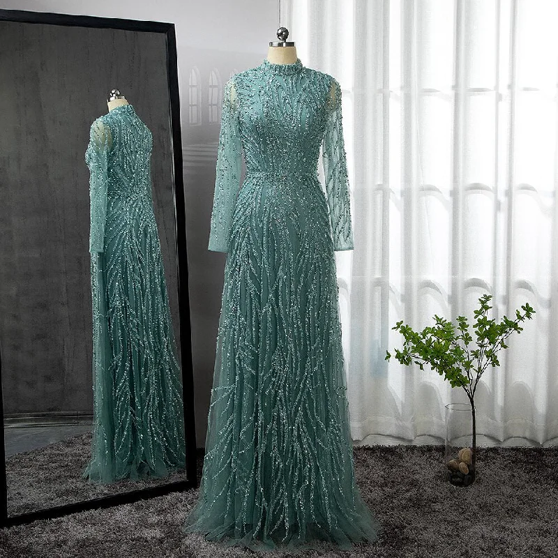 Today Only On Sale  no return no refund Serene Hill Muslim Gold Mermaid Elegant Luxury Evening Dresses Gowns High Neck Beaded 2024 For Women Party LA71682