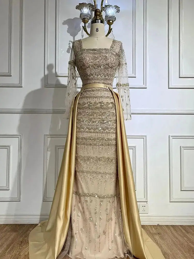 Can't Miss Serene Hill 2024 Arabic Nude Mermaid Beaded Luxury Dubai Evening Gown with Detachable Satin Overskirt for Women's Party LA72126A  Plush Size
