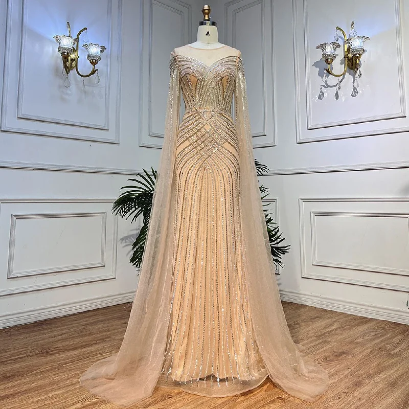 Special Price Serene Hill Nude Arabic Mermaid Cape Sleeves O-neck Beaded Evening Dresses Luxury Gowns 2023 For Women Wedding Party LA72012
