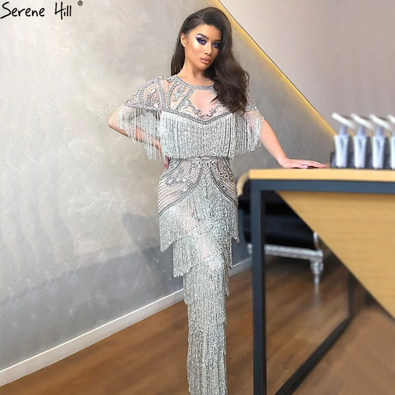 Act Now Dubai Grey Luxury Beading Tassel Evening Dresses 2024 Mermaid Short Sleeves Formal Dress Serene Hill LA70275 Act Now Dubai Grey Luxury Beading Tassel Evening Dresses 2024 Mermaid Short Sleeves Formal Dress Serene Hill LA70275