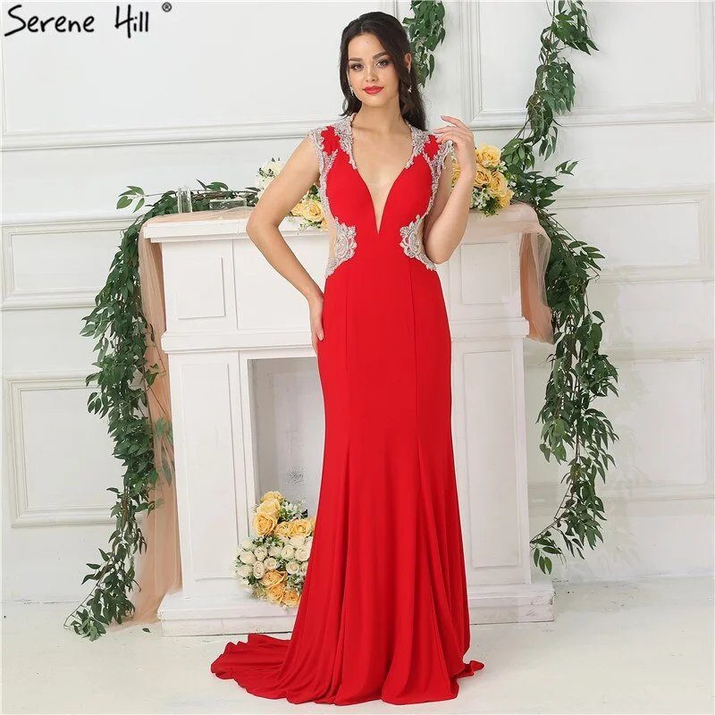 Savings Galore On Sale no return no refundSale 2024 Red Deep V-Neck Sexy Evening Dresses Beading Sleeveless Bride Toasting Evening Gowns Serene Hill LA6680