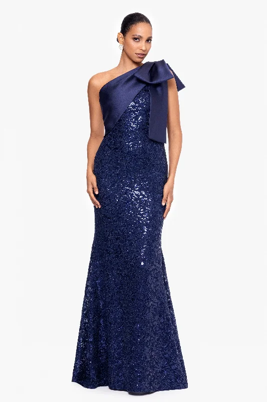 Steals and Deals "Marcia" Long Sequin Lace Dress with Satin Bow