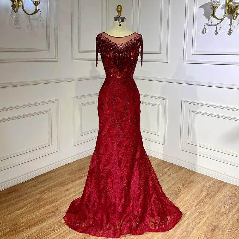 Clearance Event Serene Hill Wine Red Elegant Mermaid Lace Beaded Tassel Arabic Luxury Evening Dresses Gowns 2024 For Women Wedding Party LA71834