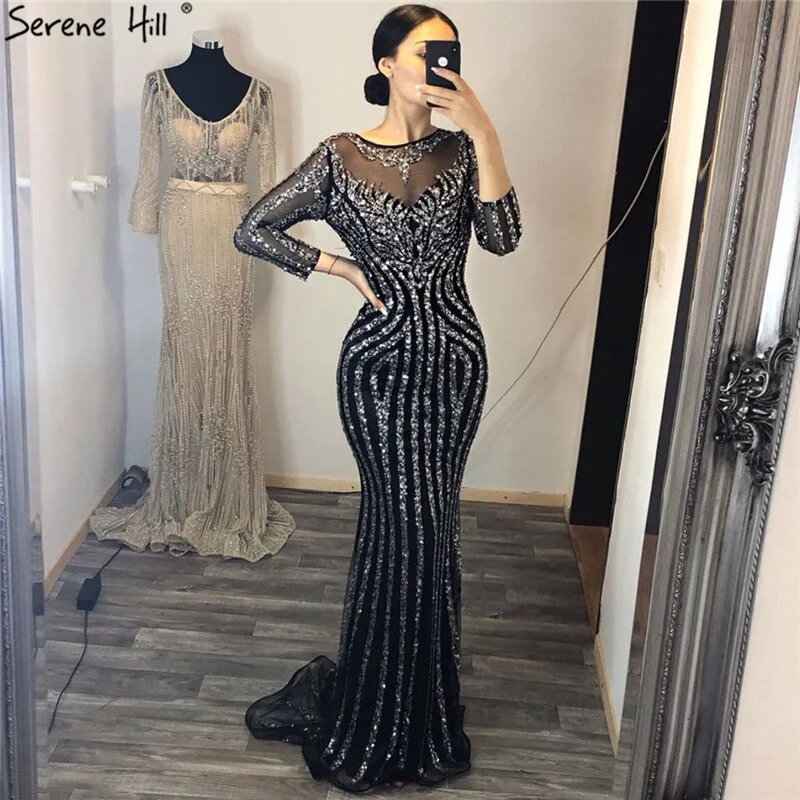 Clearance Sale Grey Luxury Long Sleeves Sparkly Evening Dresses Mermaid Sexy Diamond Beading Formal Dress 2024  Real Photo  LA6591