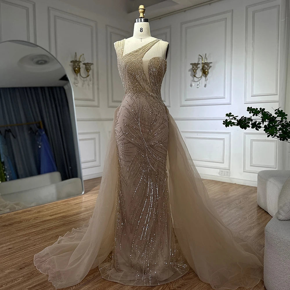 Customer Appreciation Sale Serene Hill Customized 2024 Nude Mermaid Green Evening Gown with Elegant One Shoulder Overskirt for Formal Occasion LA72031A