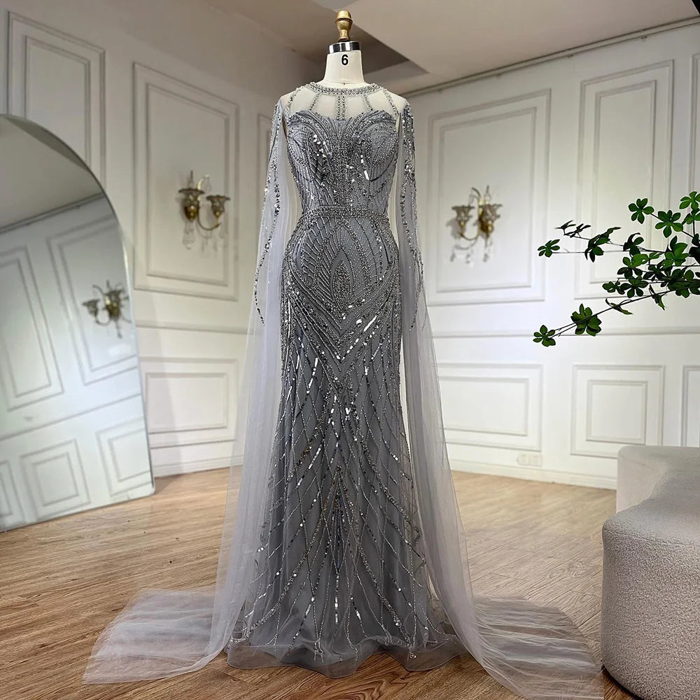 Time-Limited Offer Customized 2024 Arabic Gray Mermaid Evening Dress With Beaded Elegant Cape Sleeves Gown For Formal Occasion LA72611 Time-Limited Offer Customized 2024 Arabic Gray Mermaid Evening Dress With Beaded Elegant Cape Sleeves Gown For Formal Occasion LA72611