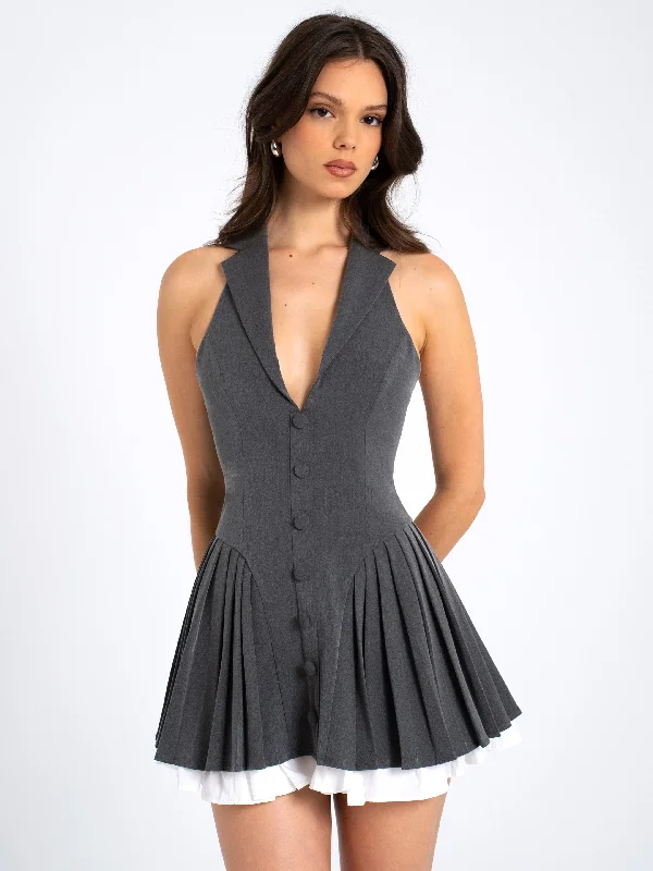 Seasonal Sale Hazel Grey Preppy Halter Neck Pleated Mini Dress