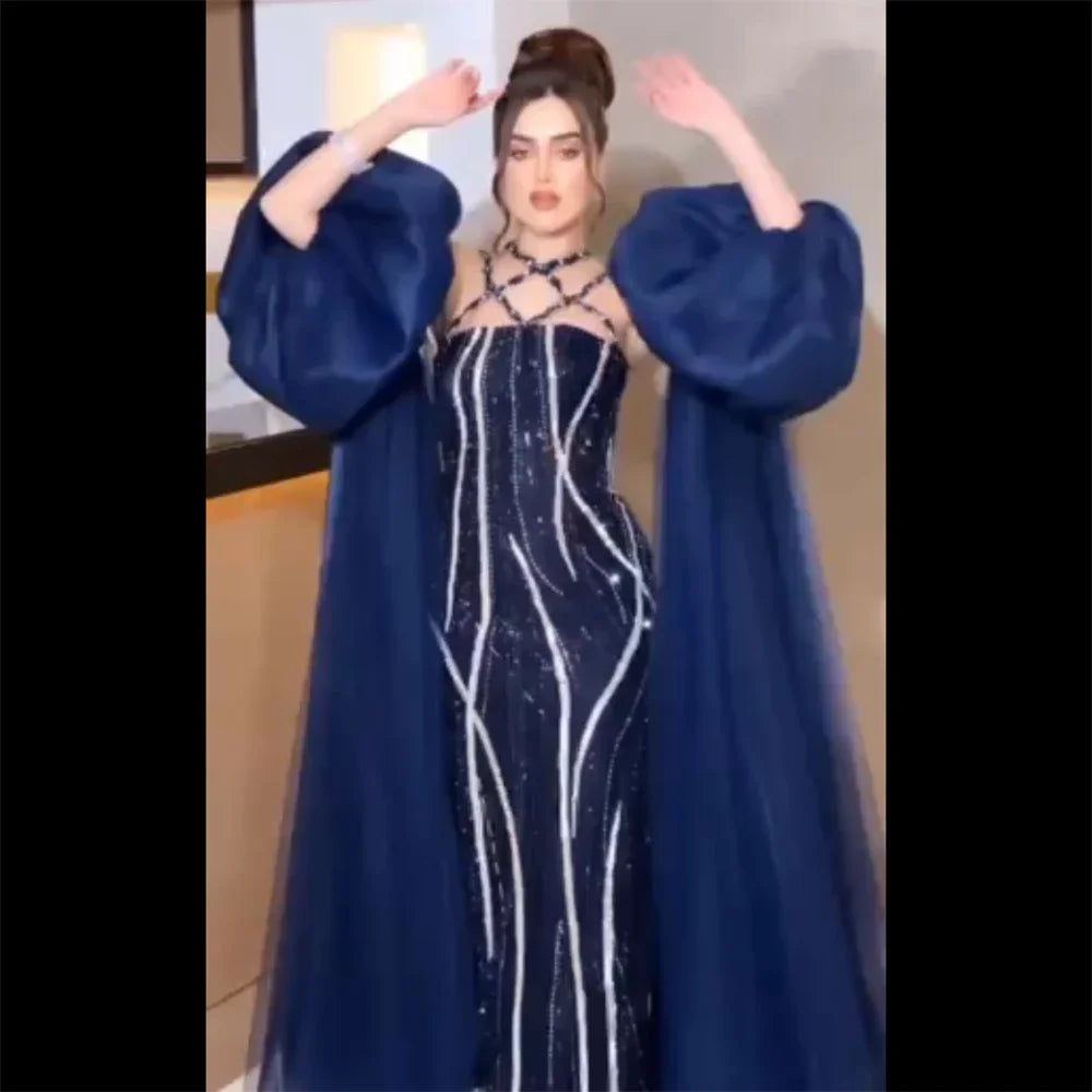 Closeout Sale Serene Hill Arabic Navy Blue Elegant Mermaid Balloon Sleeves Beaded Luxury Dubai Evening Dresses Gowns For Women Party LA72072 Closeout Sale Serene Hill Arabic Navy Blue Elegant Mermaid Balloon Sleeves Beaded Luxury Dubai Evening Dresses Gowns For Women Party LA72072