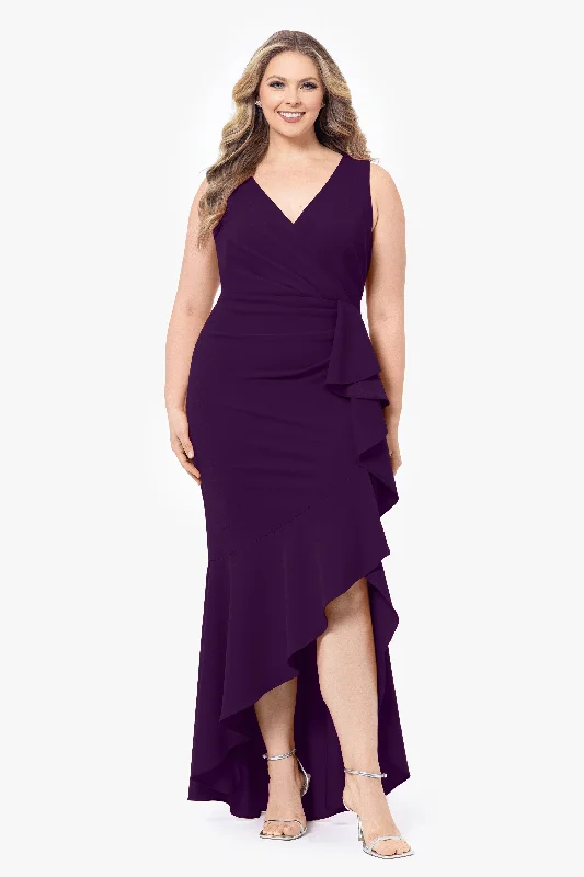 Deep Discounts Plus "Candace" Long V- Neck Hi Low Cascade Dress