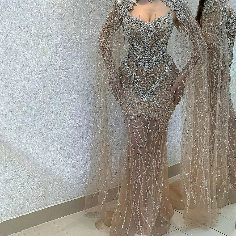 Exclusive Deal Serene Hill 2024 Nude Mermaid Evening Dress with Beaded Removable Cape Sleeves Gown for Formal Occasion LA72539 Customized