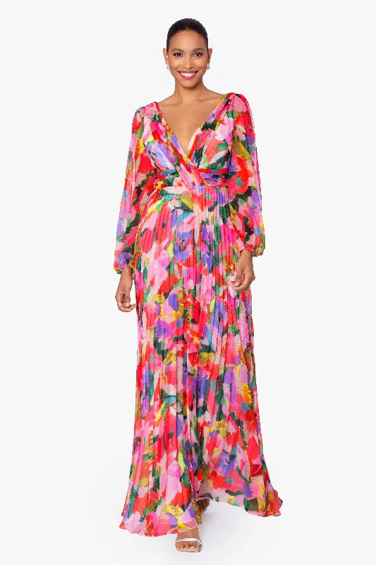 Can't Miss "Amber" Long Sleeve Chiffon Print Floor Length Dress