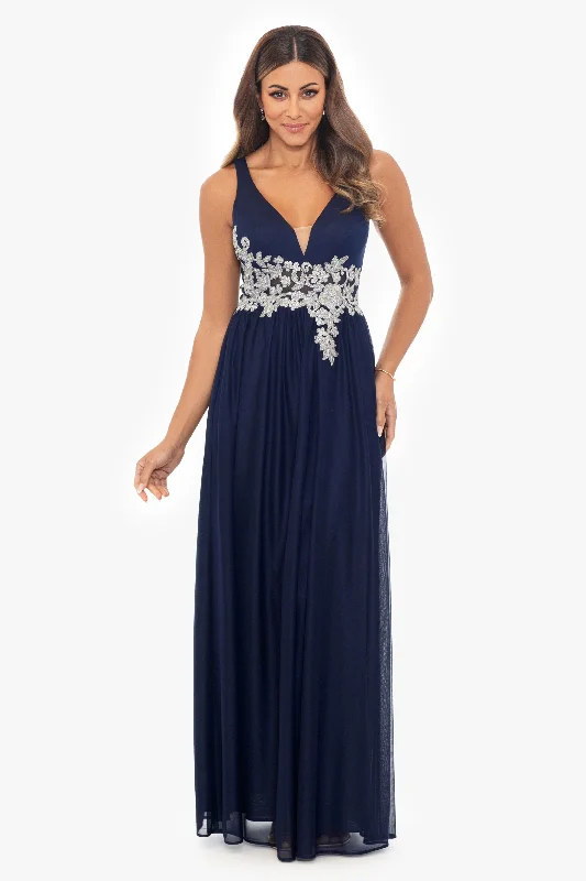 Discount Days "Darla" Long Sheer Matte Jersey Dress With Applique