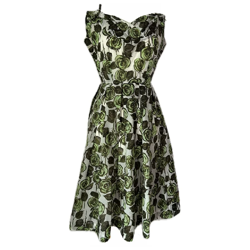 Deal Mania Green rose print vintage 1950s nylon day dress