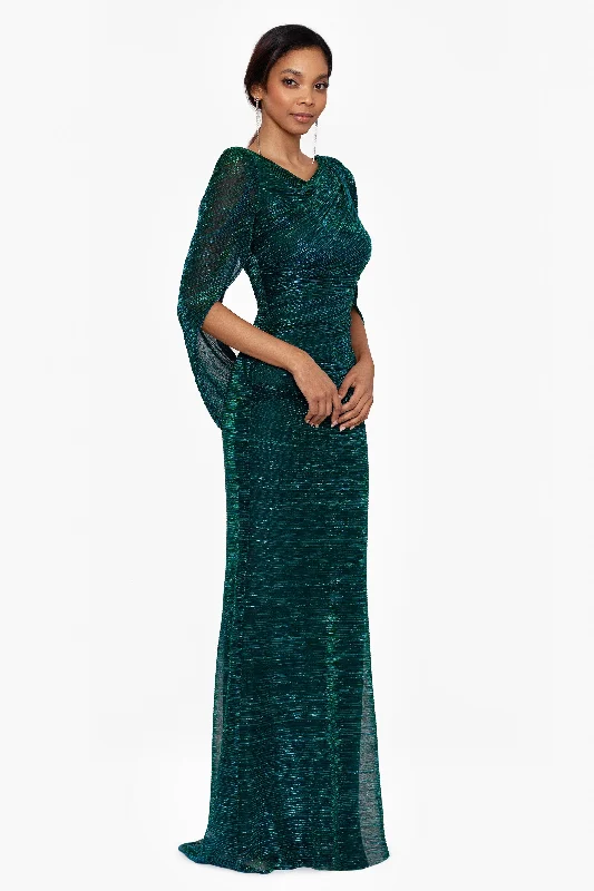 Super Sale "Tamsin" Long Metallic Knit Long Sleeve Drape Dress