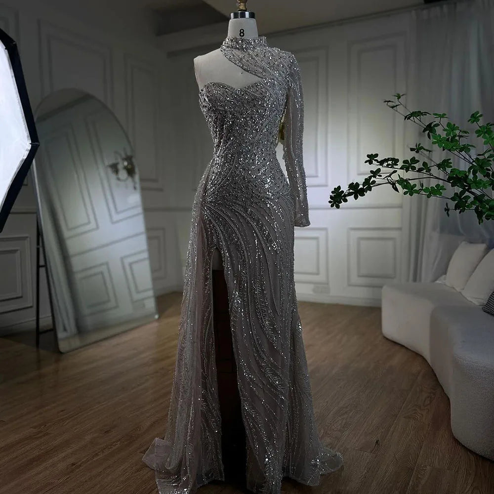 Clearance Items Serene Hill Arabic White Nude Mermaid Elegant One Shoulder Luxury Beaded Evening Dresses Gowns For Women Party 2024 LA72196