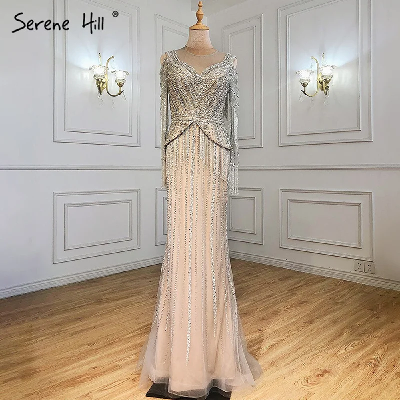 Lowest Prices Serene Hill Silver Nude Luxury Elegnat Evening Dresses Gowns 2024 Mermaid Beaded Tassel For Woman Party LA71295 Lowest Prices Serene Hill Silver Nude Luxury Elegnat Evening Dresses Gowns 2024 Mermaid Beaded Tassel For Woman Party LA71295