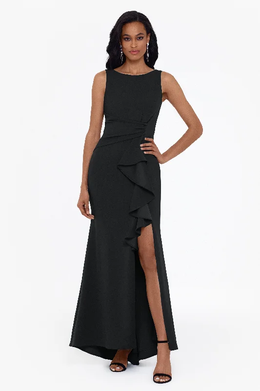 Price Rollback Petite "Christine" Scuba Crepe Ruffled Bow Gown