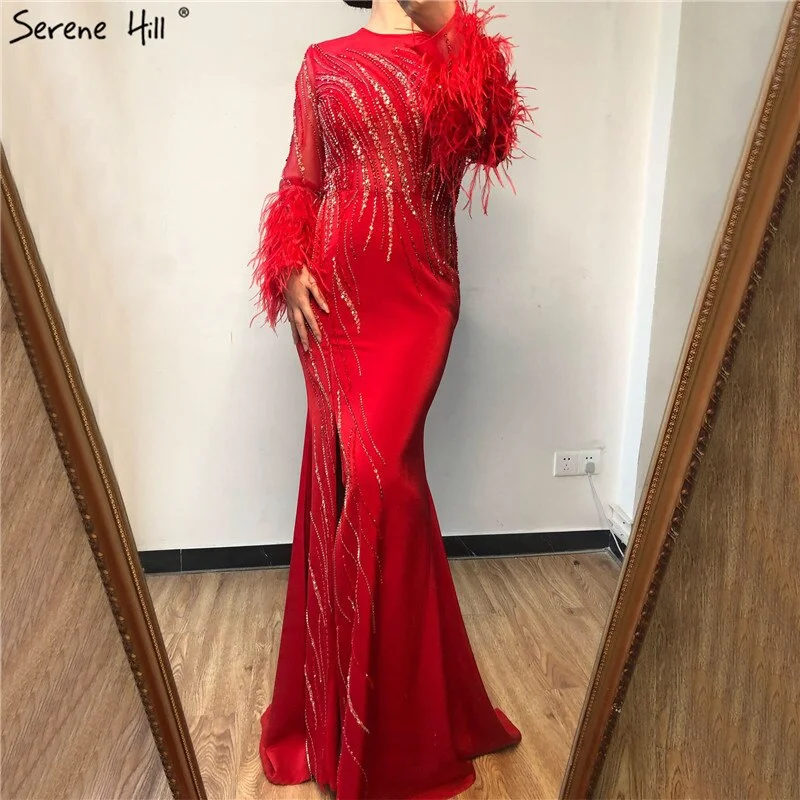 One-DAY Sale On Sale no return no refundSale Dubai Red O-Neck Sequined Beading Evening Dressese Feathers Long Sleeves Mermaid Formal Dress 2024 Serene Hill LA70379